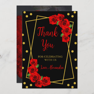 Red Rose Black en Gold Quinceañera Bedankkaart