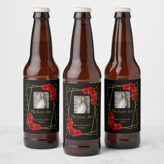 Red Rose Black en Gold Quinceañera Bier Etiket (Flessen)