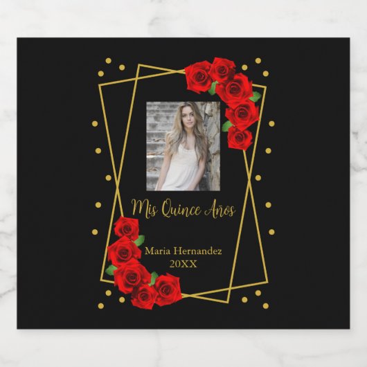 Red Rose Black en Gold Quinceañera Bier Etiket (Enkel label)
