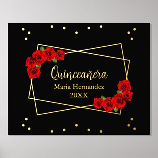 Red Rose Black en Gold Quinceañera Folie Afdrukken (Voorkant)