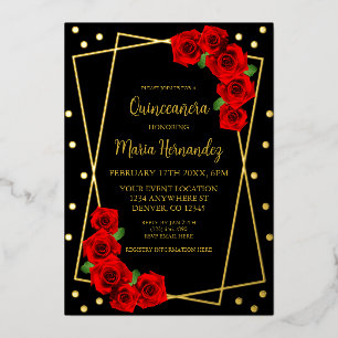 Red Rose Black en Gold Quinceañera Folie Uitnodiging