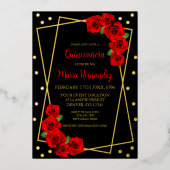Red Rose Black en Gold Quinceañera Folie Uitnodiging (Voorkant)