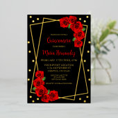 Red Rose Black en Gold Quinceañera Folie Uitnodiging (Staand Voorkant)