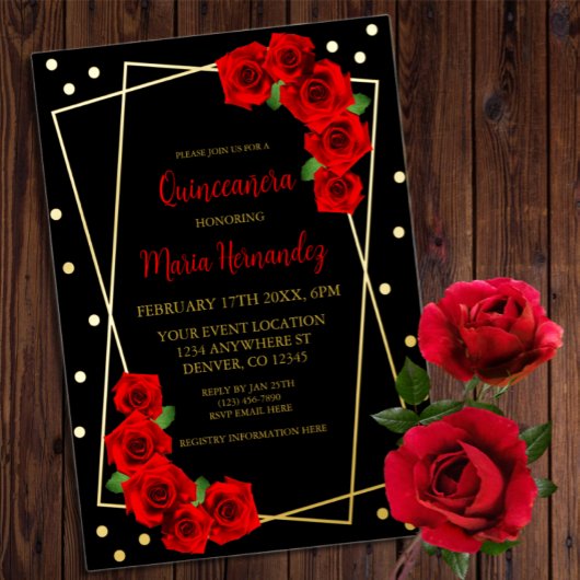 Red Rose Black en Gold Quinceañera Folie Uitnodiging