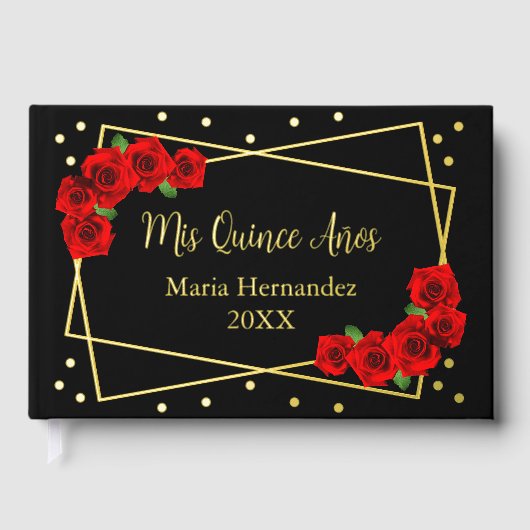 Red Rose Black en Gold Quinceañera Gastenboek (Voorkant)