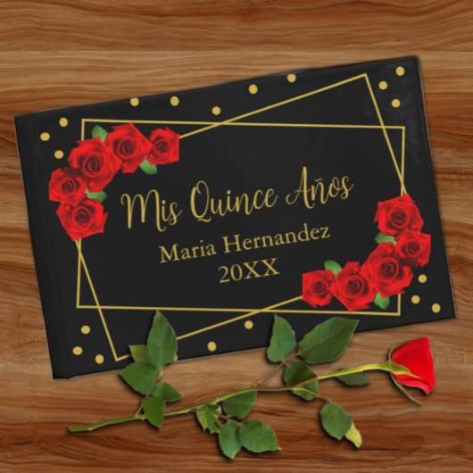 Red Rose Black en Gold Quinceañera Gastenboek
