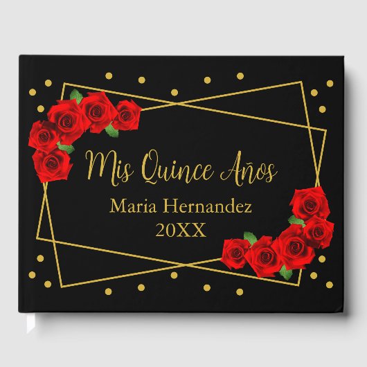 Red Rose Black en Gold Quinceañera Gastenboek (Voorkant)