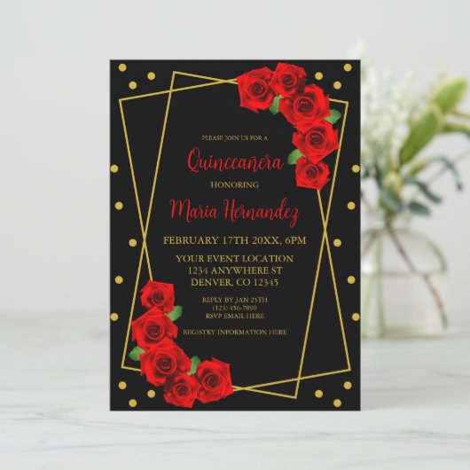 Red Rose Black en Gold Quinceañera Kaart (Staand voorkant)