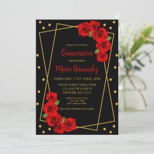 Red Rose Black en Gold Quinceañera Kaart