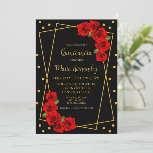 Red Rose Black en Gold Quinceañera Kaart (Staand voorkant)