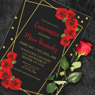 Red Rose Black en Gold Quinceañera Kaart