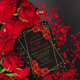 Red Rose Black en Gold Quinceañera Kaart