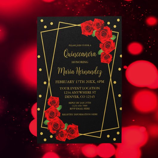 Red Rose Black en Gold Quinceañera Kaart