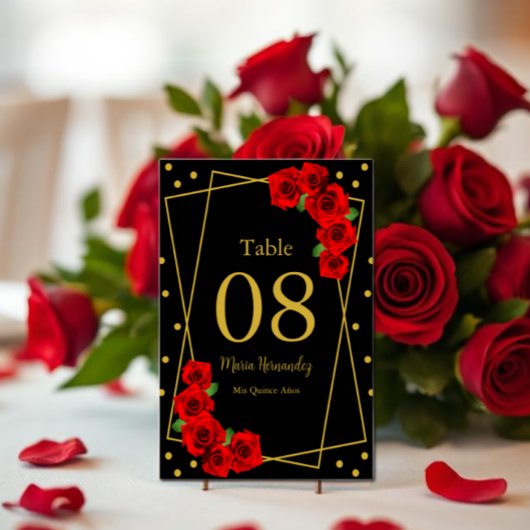 Red Rose Black en Gold Quinceañera Kaart