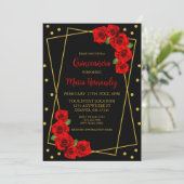 Red Rose Black en Gold Quinceañera Kaart (Staand voorkant)