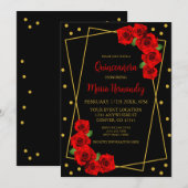 Red Rose Black en Gold Quinceañera Kaart (Voorkant / Achterkant)