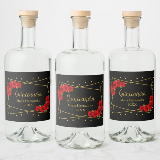 Red Rose Black en Gold Quinceañera Likeurfles Etiket (Flessen)