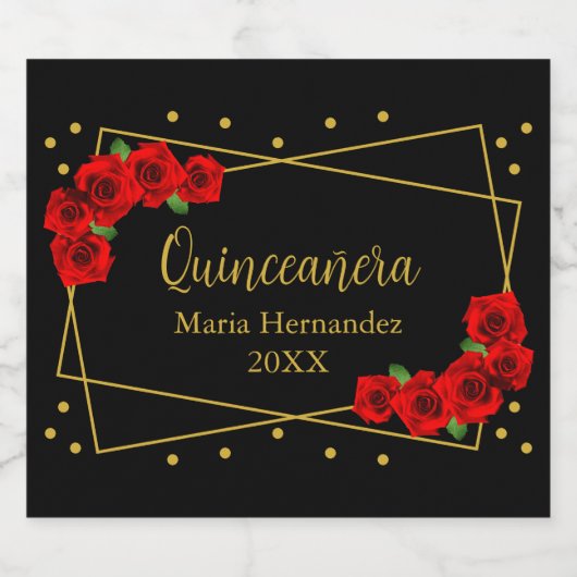 Red Rose Black en Gold Quinceañera Likeurfles Etiket (Enkel label)