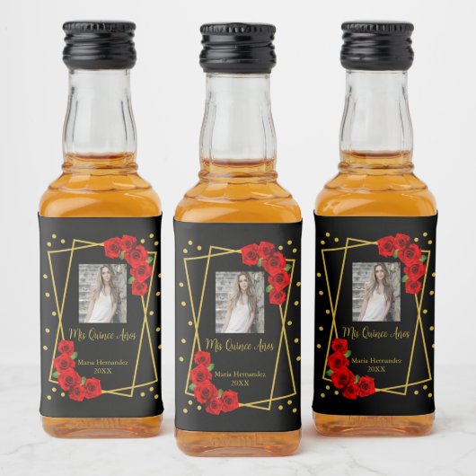 Red Rose Black en Gold Quinceañera Likeurfles Etiket (Flessen)