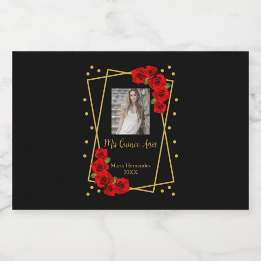 Red Rose Black en Gold Quinceañera Likeurfles Etiket (Enkel label)