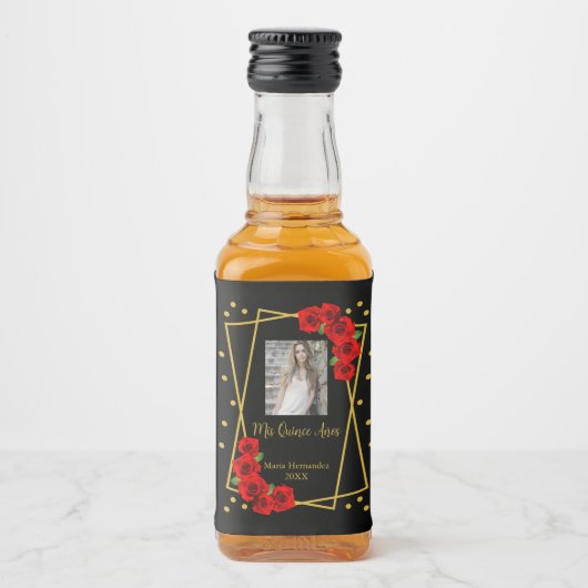 Red Rose Black en Gold Quinceañera Likeurfles Etiket (Voorkant)