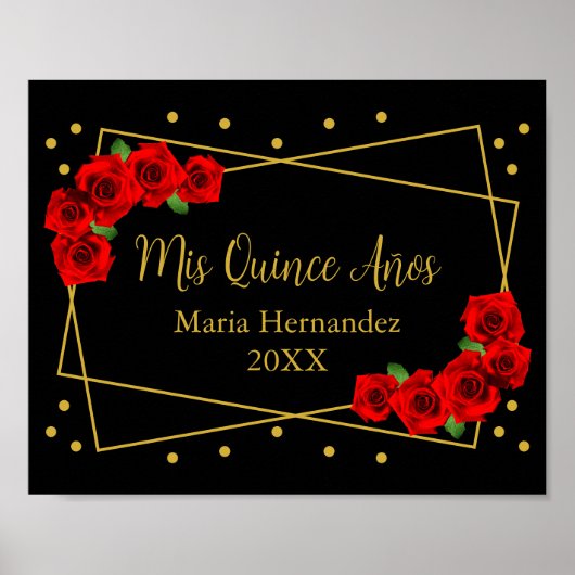 Red Rose Black en Gold Quinceañera Poster (Voorkant)