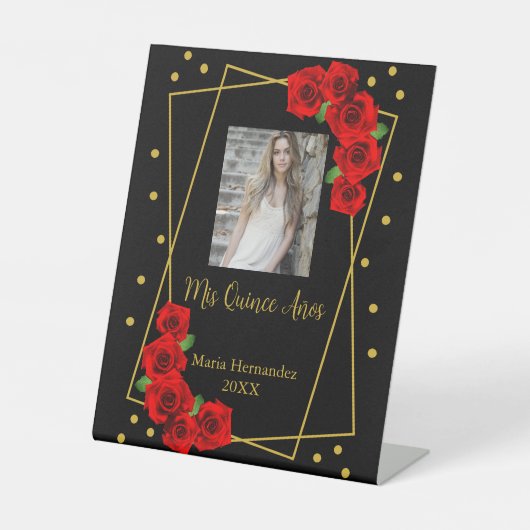 Red Rose Black en Gold Quinceañera Reclamebord Met Voetstuk (Voorkant)