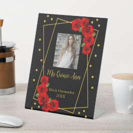Red Rose Black en Gold Quinceañera Reclamebord Met Voetstuk
