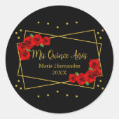 Red Rose Black en Gold Quinceañera Ronde Sticker (Voorkant)