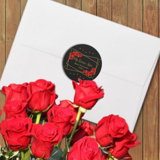 Red Rose Black en Gold Quinceañera Ronde Sticker