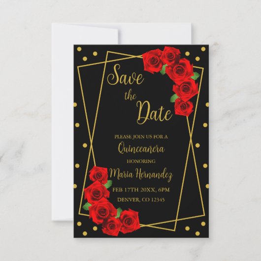 Red Rose Black en Gold Quinceañera Save The Date (Voorkant)