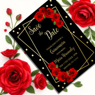 Red Rose Black en Gold Quinceañera sparen de datum Folie Uitnodiging Briefkaart