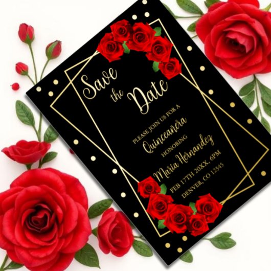 Red Rose Black en Gold Quinceañera sparen de datum Folie Uitnodiging Briefkaart