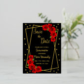 Red Rose Black en Gold Quinceañera sparen de datum Folie Uitnodiging Briefkaart (Staand Voorkant)