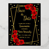 Red Rose Black en Gold Quinceañera sparen de datum Folie Uitnodiging Briefkaart (Voorkant)