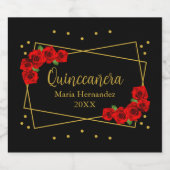 Red Rose Black en Gold Quinceañera Sparkling Wijnetiket (Enkel label)