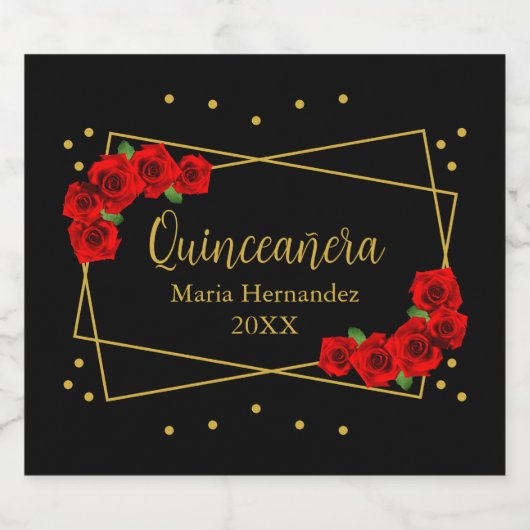 Red Rose Black en Gold Quinceañera Sparkling Wijnetiket (Enkel label)