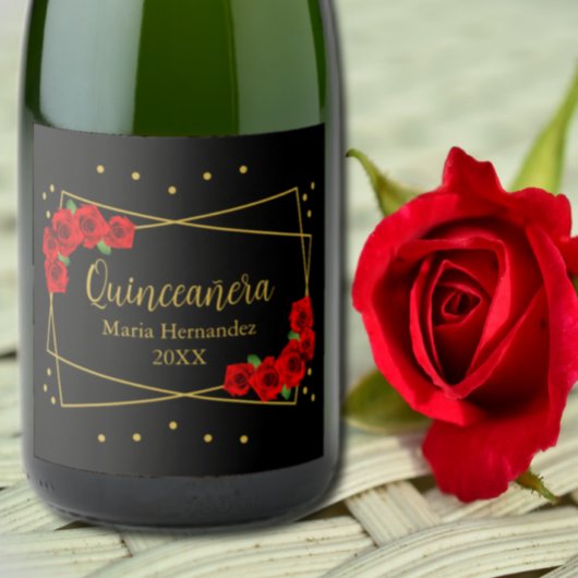 Red Rose Black en Gold Quinceañera Sparkling Wijnetiket