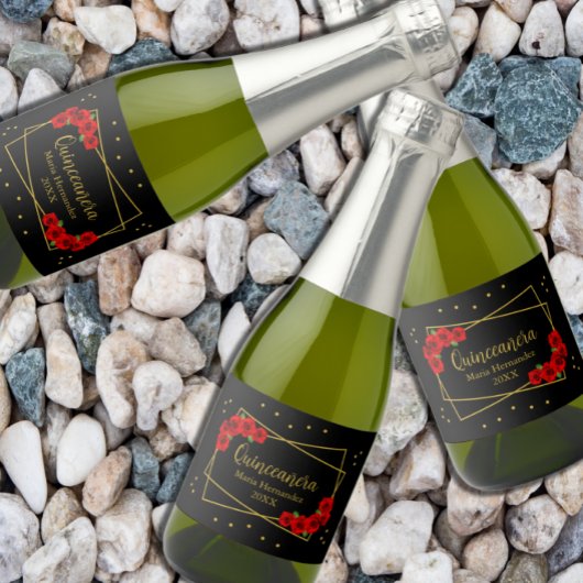 Red Rose Black en Gold Quinceañera Sparkling Wijnetiket