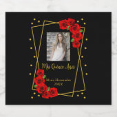 Red Rose Black en Gold Quinceañera Sparkling Wijnetiket (Enkel label)