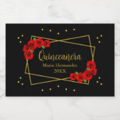 Red Rose Black en Gold Quinceañera Sparkling Wijnetiket (Enkel label)