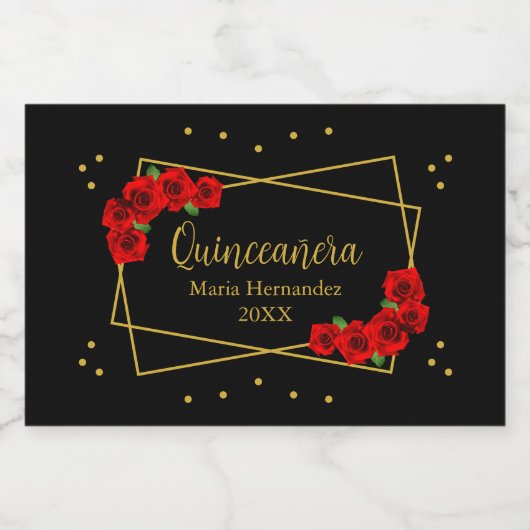 Red Rose Black en Gold Quinceañera Sparkling Wijnetiket (Enkel label)