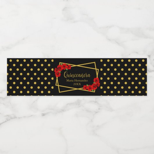 Red Rose Black en Gold Quinceañera Waterfles Etiket (Enkel label)