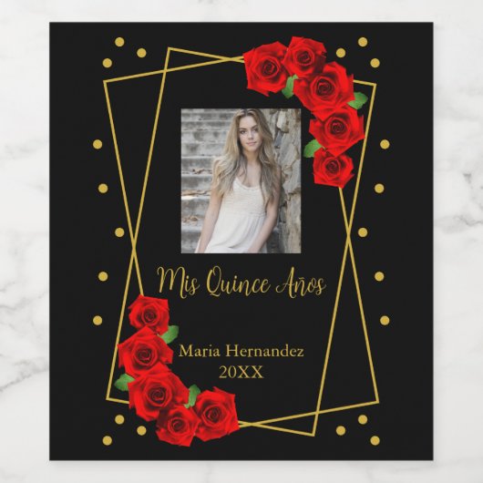 Red Rose Black en Gold Quinceañera Wijn Etiket (Enkel label)