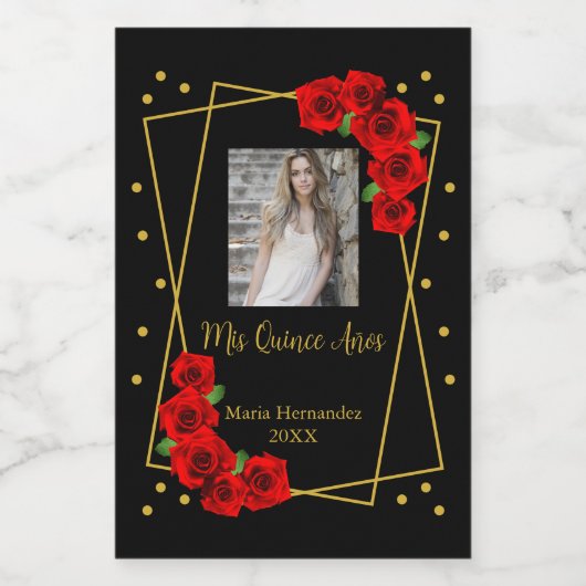 Red Rose Black en Gold Quinceañera Wijn Etiket (Enkel label)