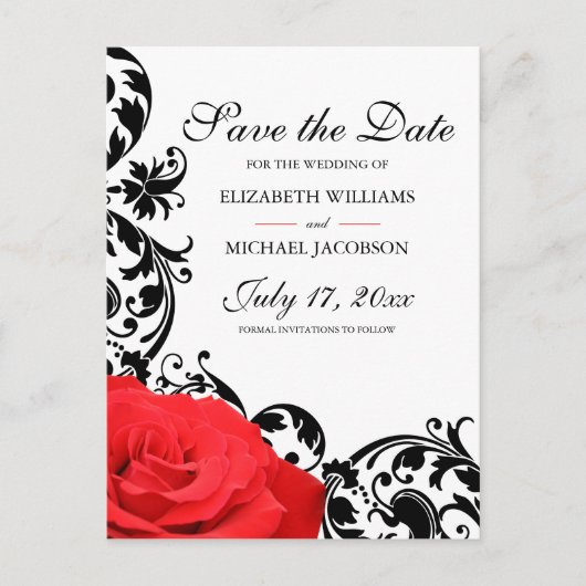 Red Rose Black Flourish Wedding Save the Date Briefkaart (Voorkant)