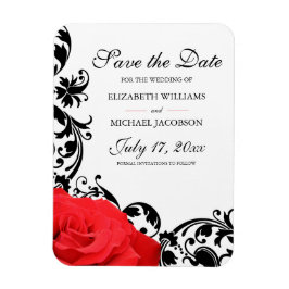 Red Rose Black Flourish Wedding Save the Date Magneet