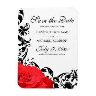 Red Rose Black Flourish Wedding Save the Date Magneet