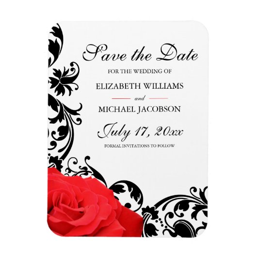 Red Rose Black Flourish Wedding Save the Date Magneet (Verticaal)