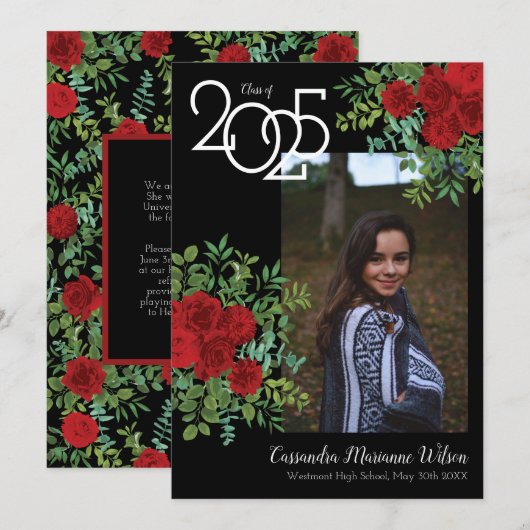 Red Rose Black Foto Afstuderen Aankondiging (Voorkant / Achterkant)